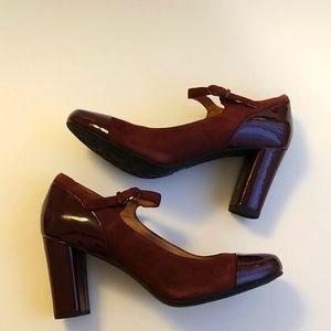 Clark's indigo wine red buckle block heels